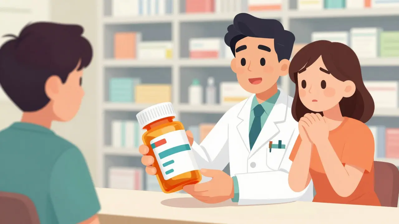 Pharmacist helping patient with high-contrast labels and accessible packaging