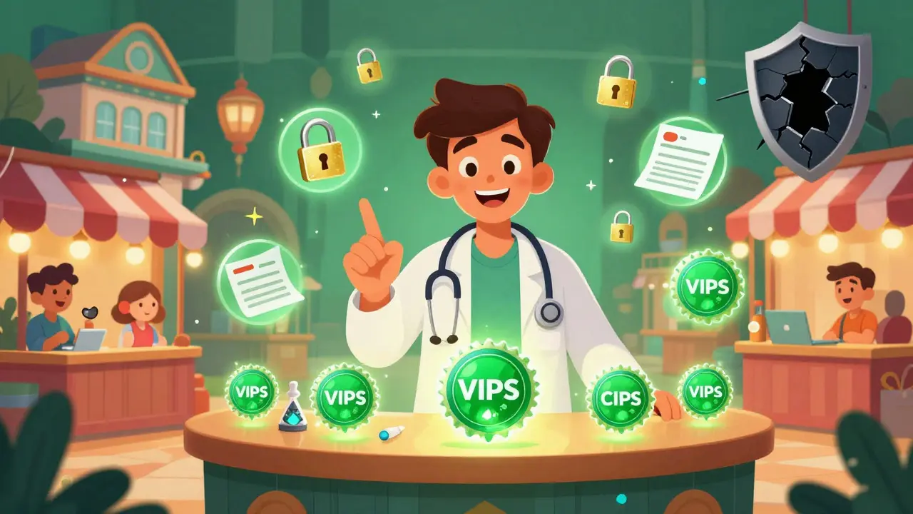 Pharmacist with glowing verification seals blocking scam portals