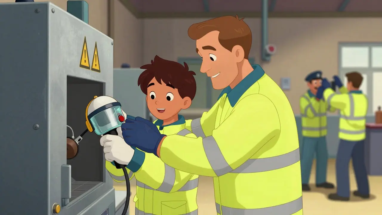 Veteran worker mentoring an apprentice on proper safety equipment usage in a factory.