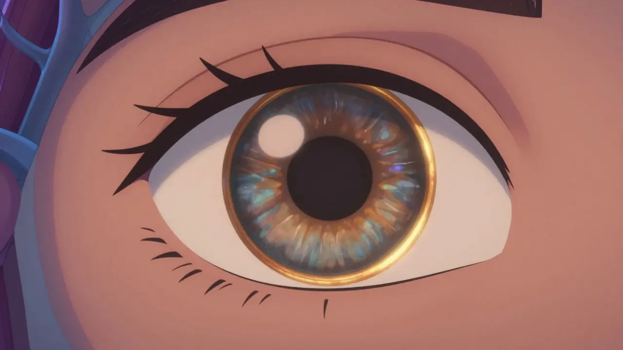 Animated eye showing golden Kayser-Fleischer ring