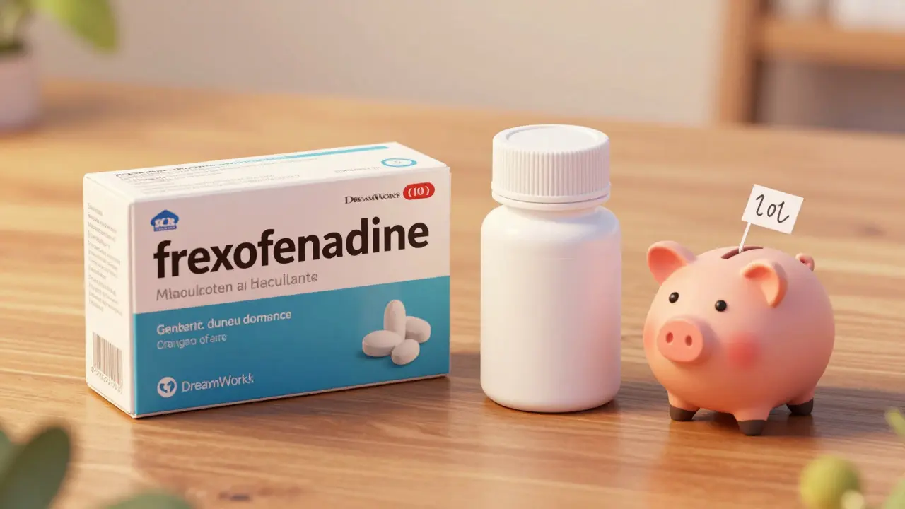 Cartoon comparison of expensive brand vs cheap generic allergy pills with piggy bank.