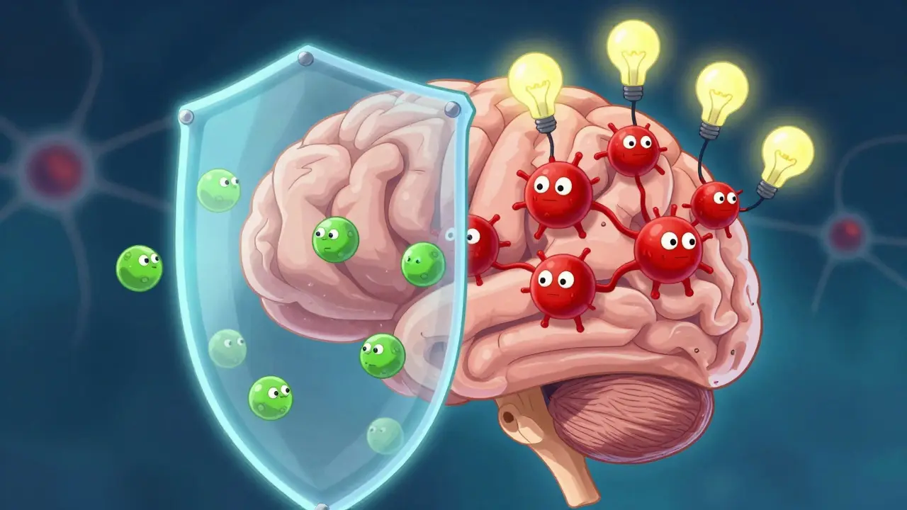 Cartoon molecules crossing blood-brain barrier blocking brain receptors