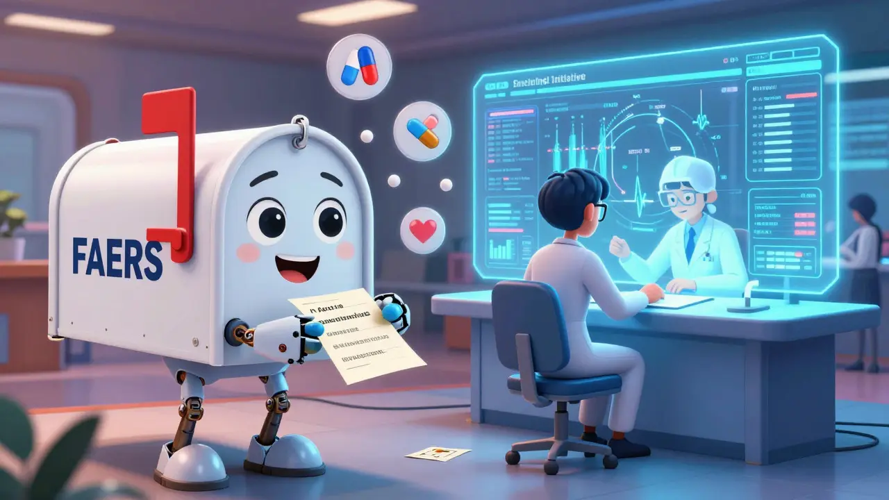 Cartoon scientists analyzing data streams and a robotic mailbox for drug reports.