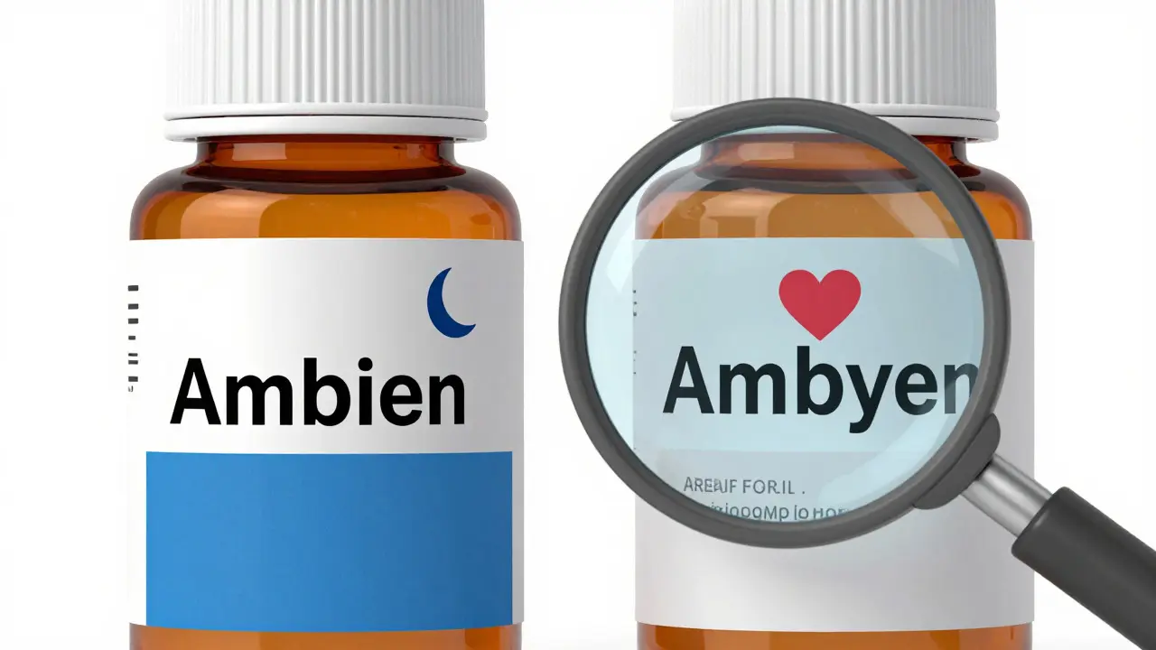 Close up comparison of similar sounding drug names Ambien and Ambyen