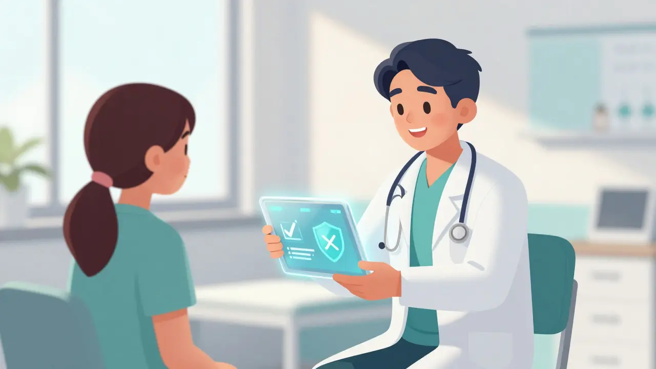 Doctor using a digital tool to check medication safety for a patient