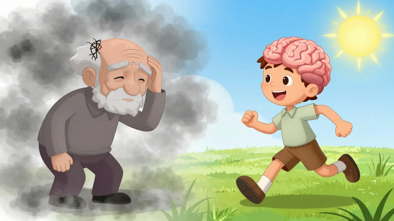 Elderly confused vs energetic young person showing health contrast