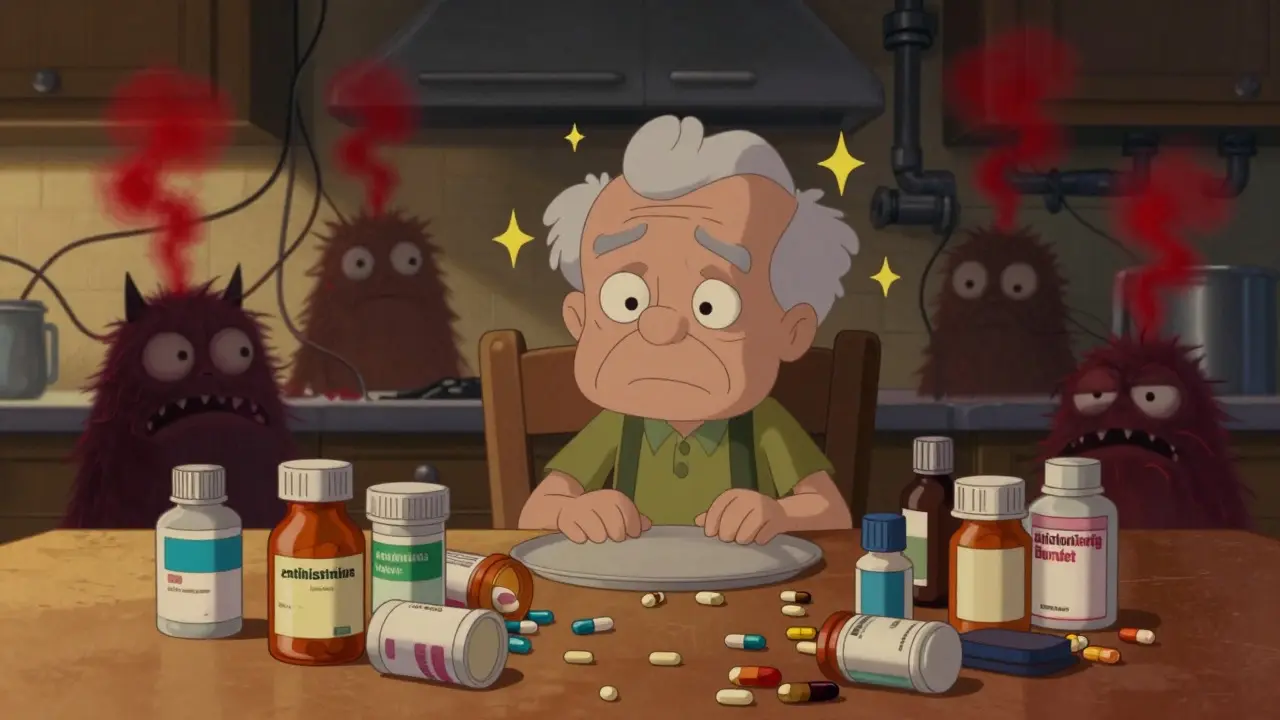 Elderly person looking dizzy from too many interacting medications