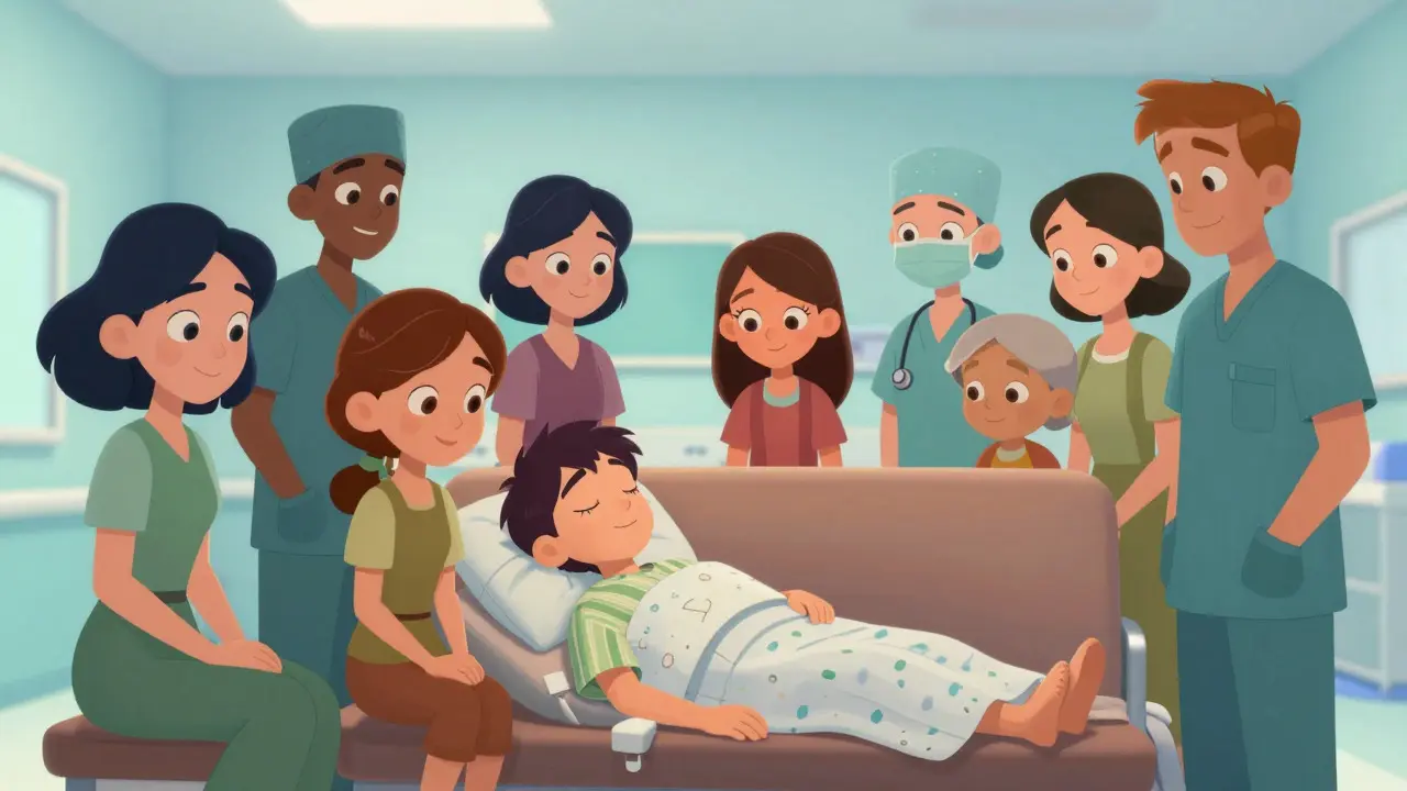 Family and medical staff comforting a patient recovering in a hospital.
