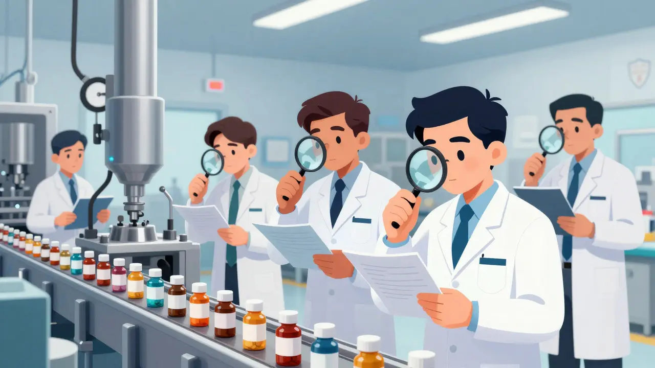 FDA inspectors checking machinery in a stylized pharmaceutical factory setting.