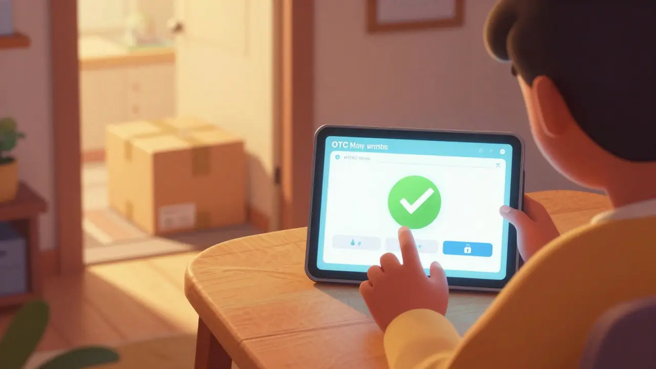 Happy character safely ordering allergy meds online with secure checkout icon.