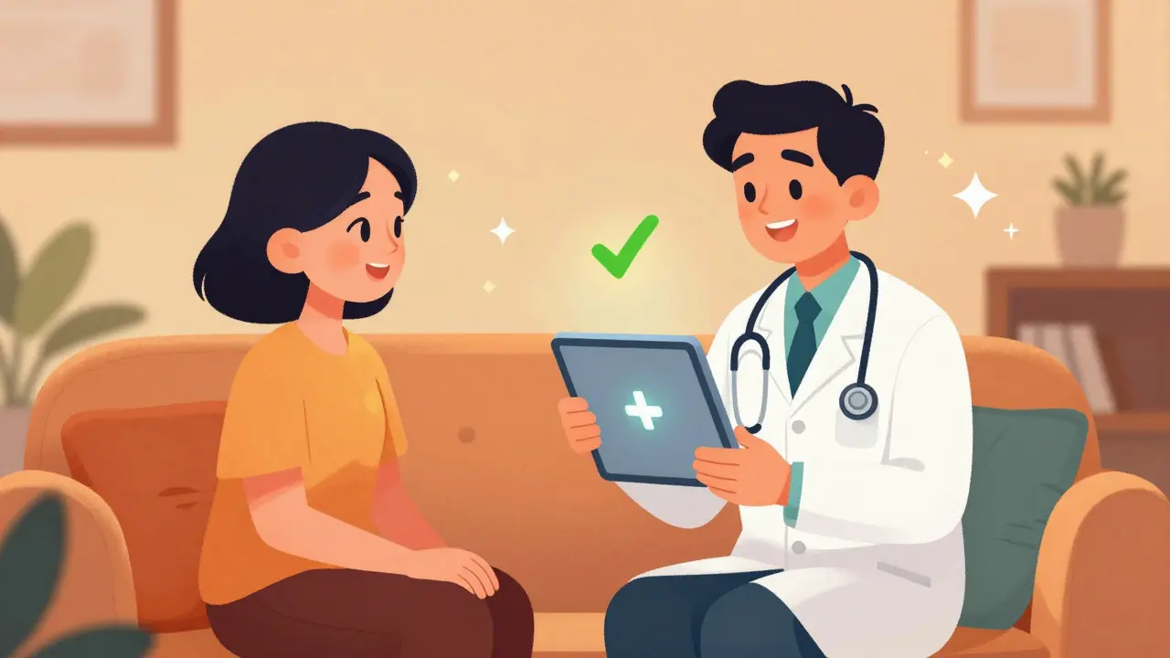 Happy patient having a video call with a doctor on a tablet