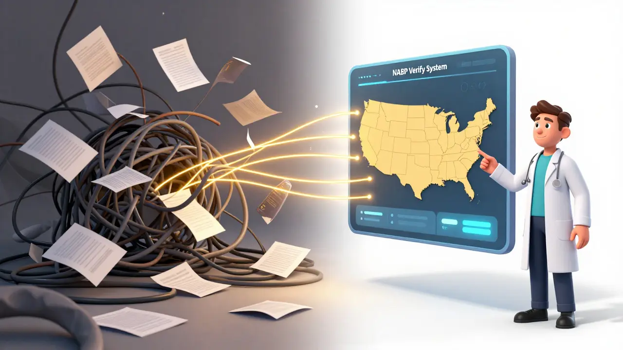 Illustration comparing chaotic state systems vs streamlined national verification tool