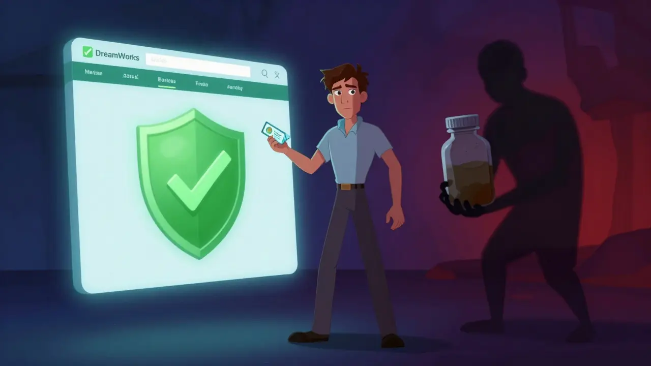 Illustration showing safe vs unsafe online pharmacy options