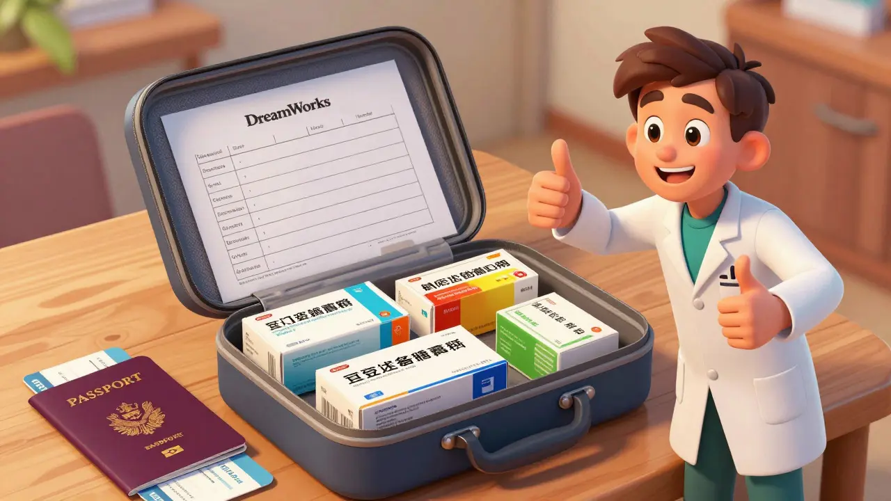 Open travel medical kit with medications and doctor letter