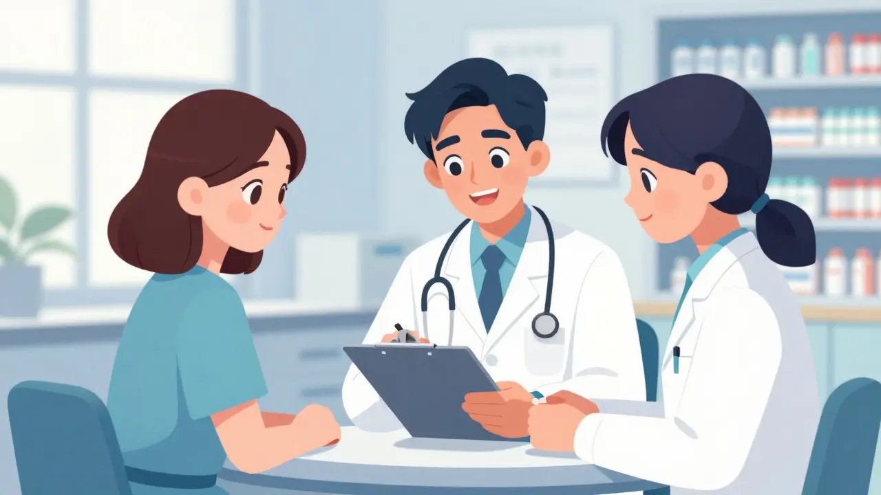 Patient consulting with doctor and pharmacist