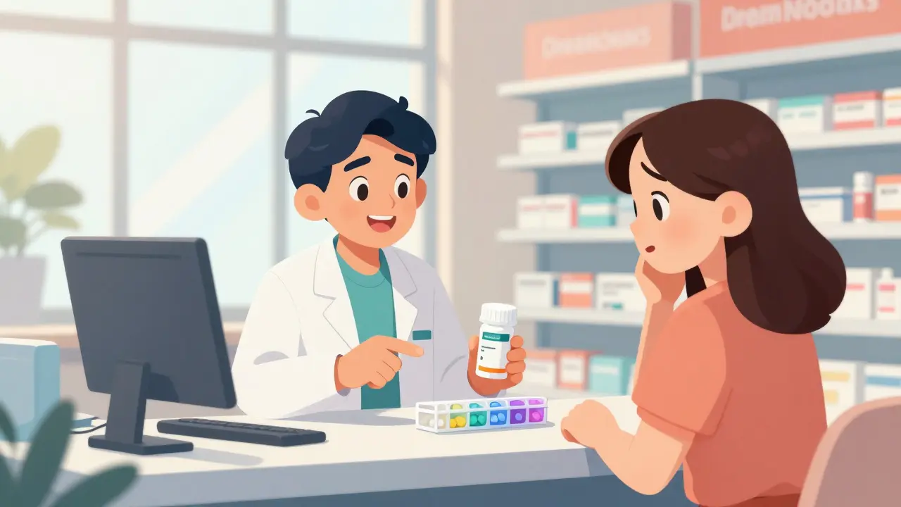 Patient talking to pharmacist about medication safety