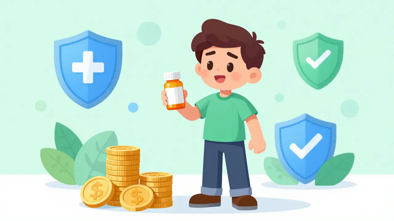 Person holding medicine bottle with savings coins nearby