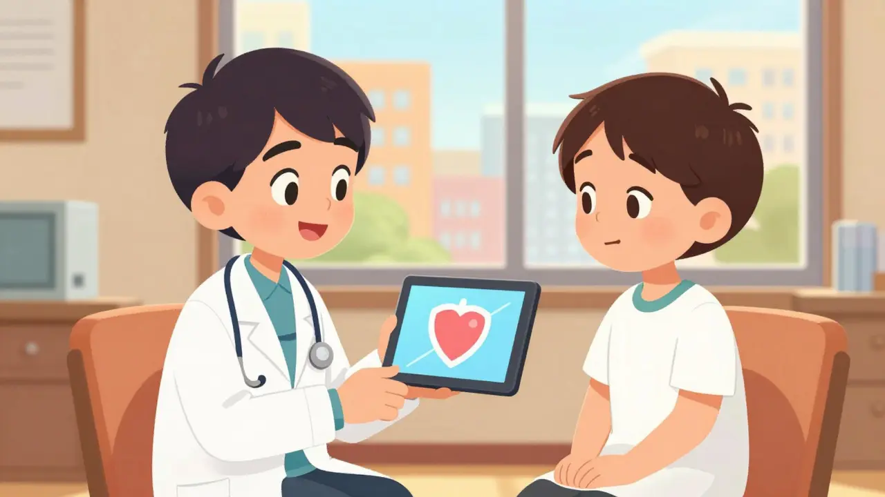 A doctor and patient discussing results in a bright, modern office