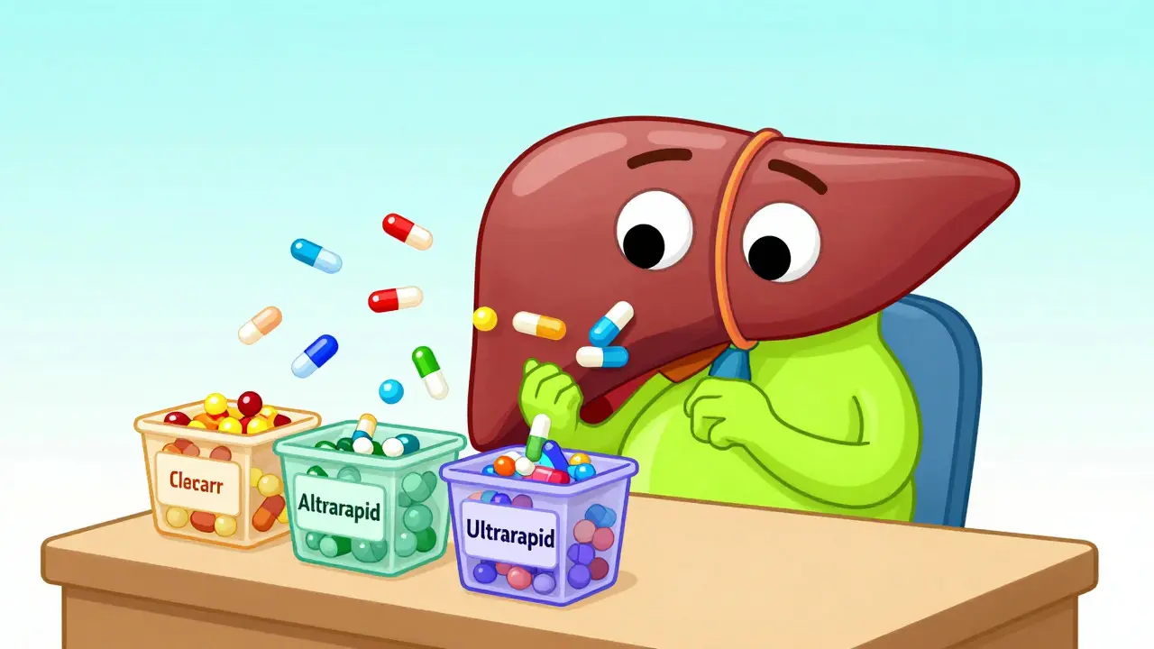 A stylized liver character sorting colorful pills at different speeds