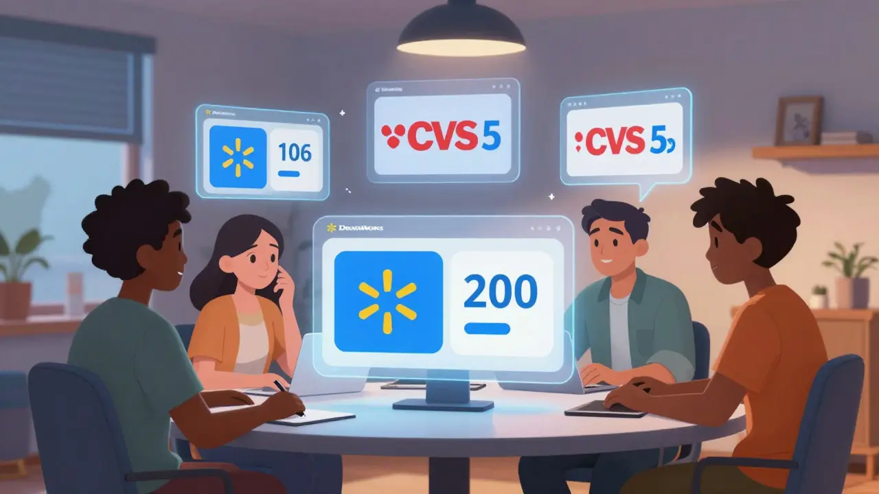 Animated characters comparing online pharmacy prices on screens