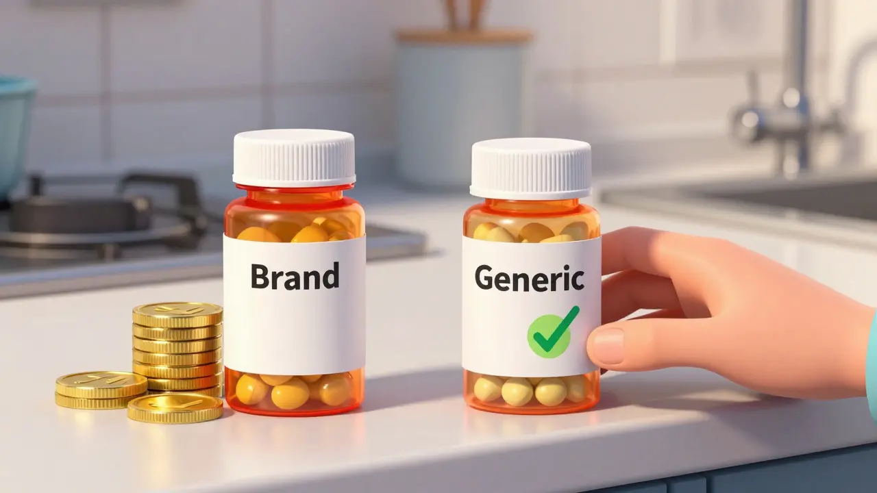 Cartoon hands choosing generic medication over expensive brand