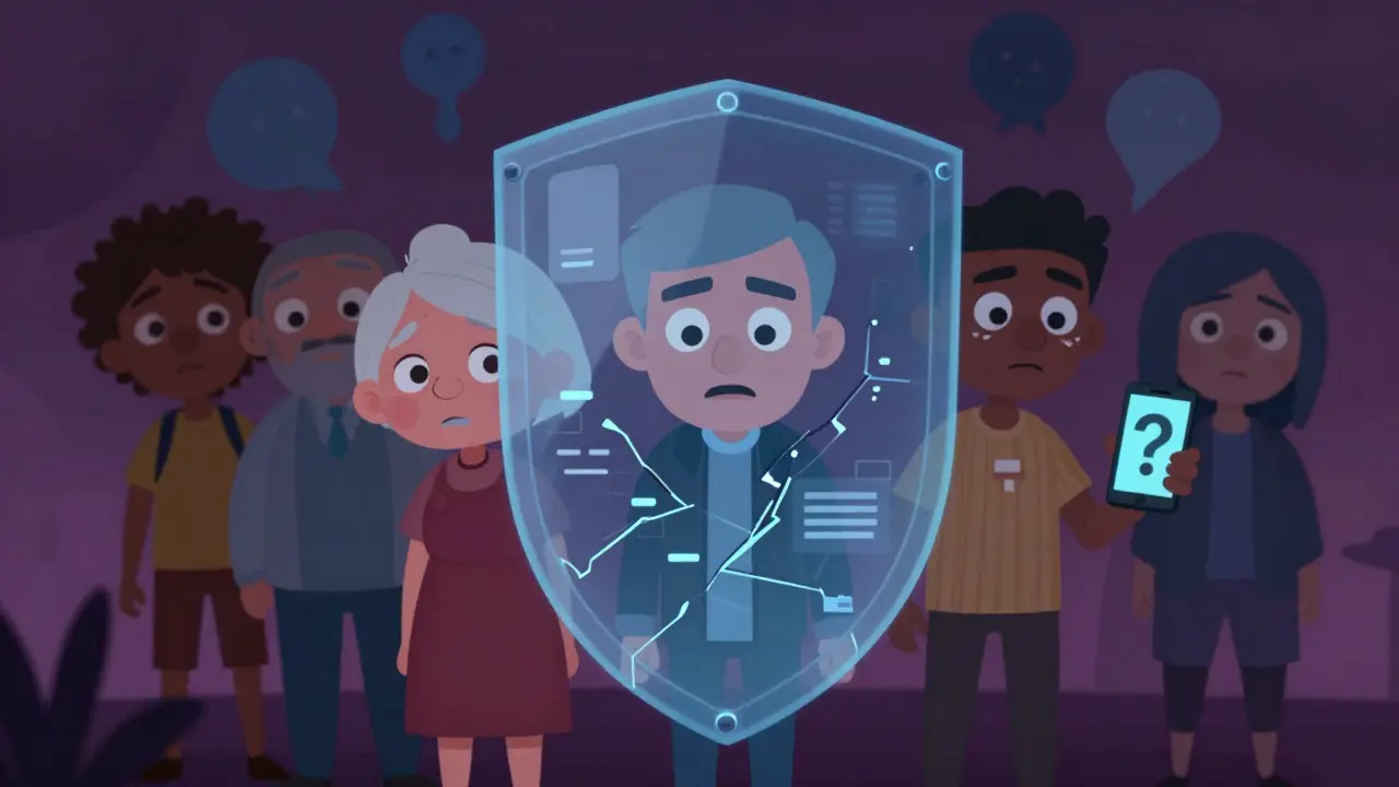 Characters behind cracked digital shield representing data privacy risks