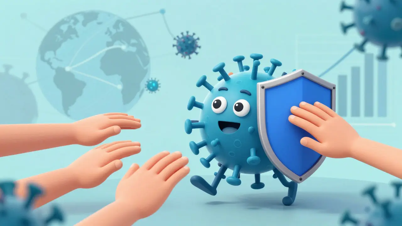 Community hands forming a shield against a stylized virus character