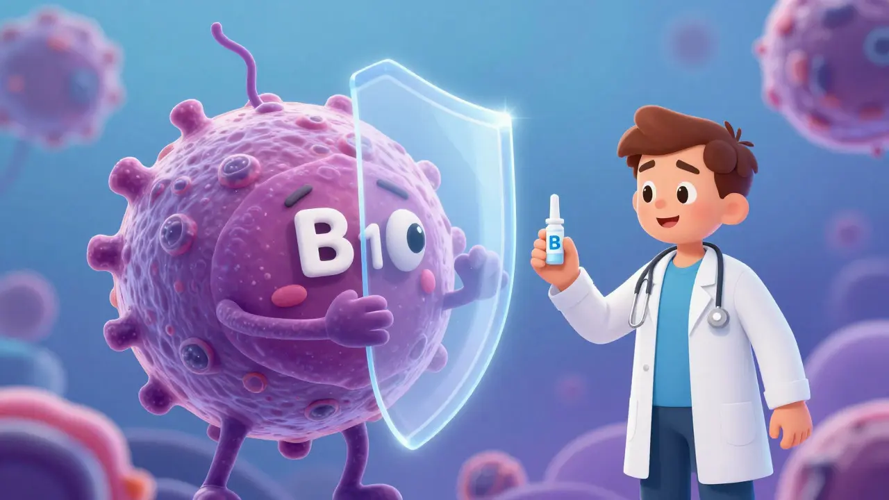 Cute vitamin B12 character being helped past a blockage by a doctor.