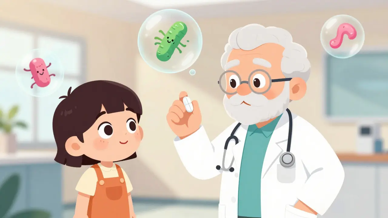 Doctor and patient discussing a pill with happy gut bacteria icons floating in the background