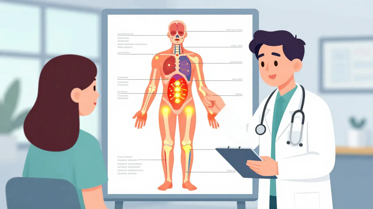 Doctor and patient examining a glowing anatomical map of joint inflammation patterns