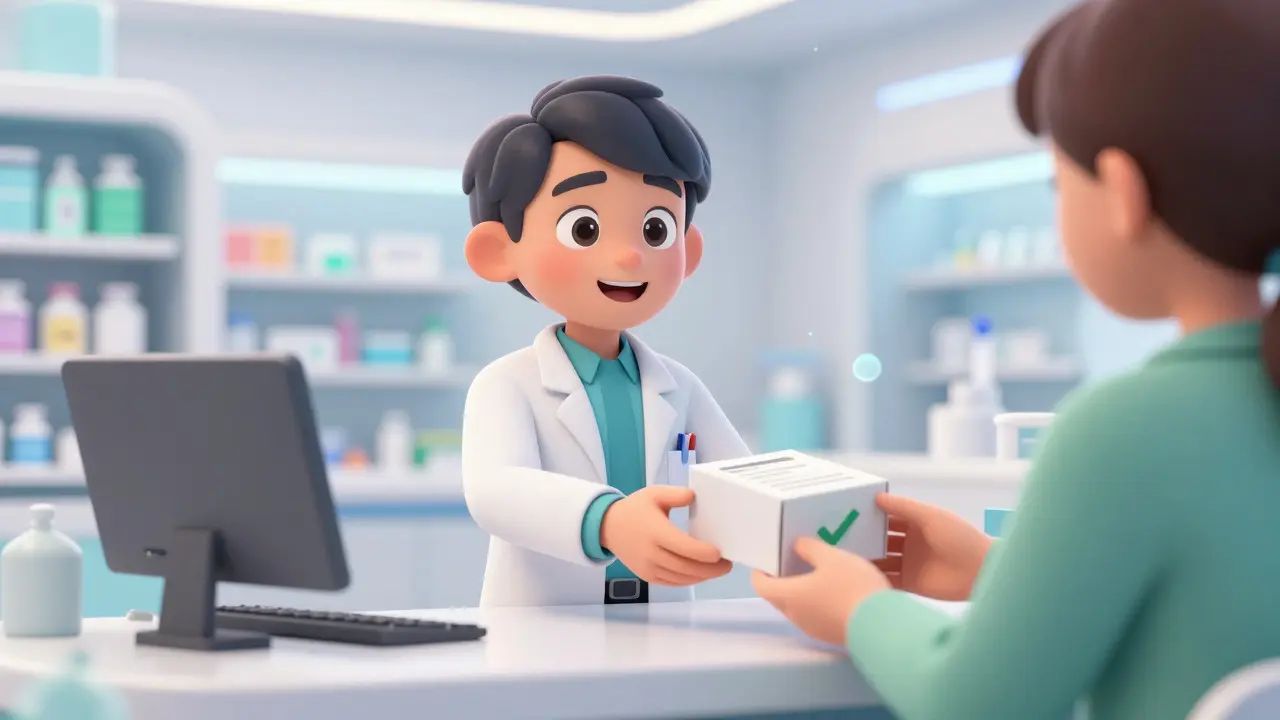 Friendly pharmacist handing a secure medication package to a customer