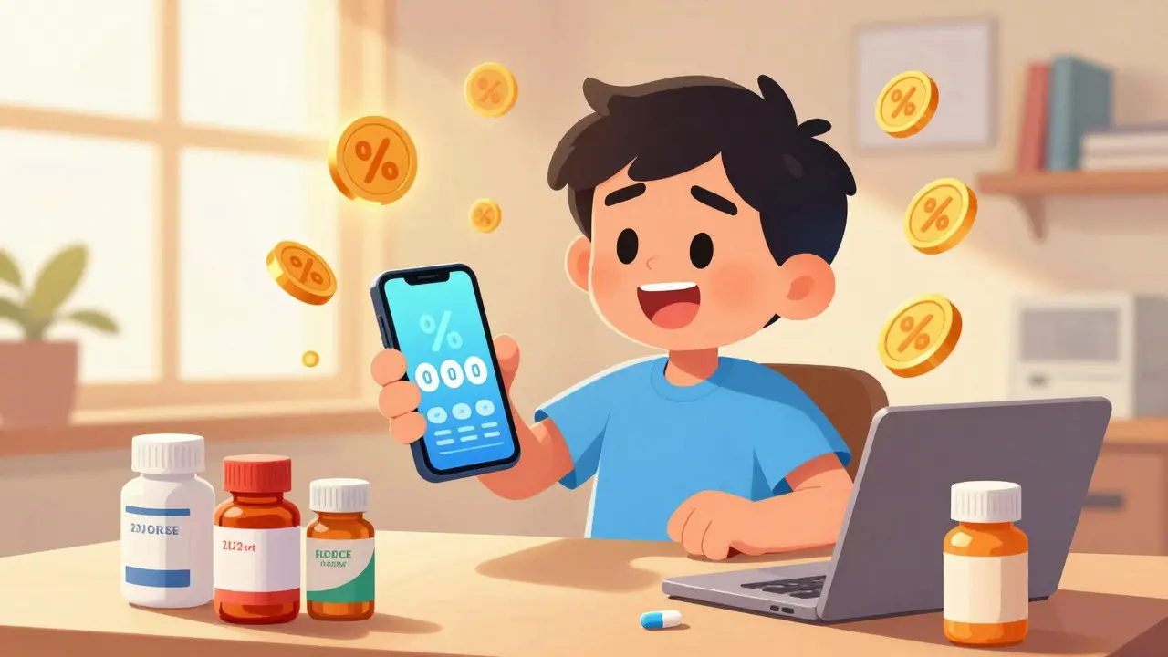 Happy cartoon character discovering affordable medication options on a phone