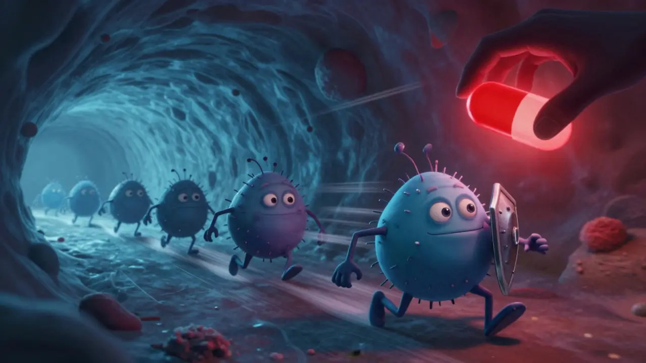 Illustration of bacteria evolving armor while fleeing from a giant hand holding an antibiotic pill