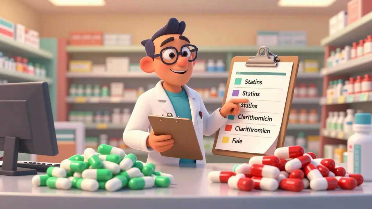 Pharmacist reviewing safe vs risky medication combinations