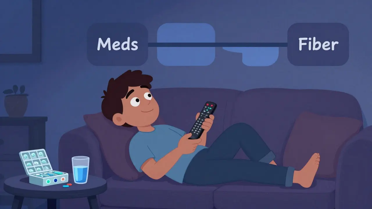 Relaxed character on couch with organized medication routine