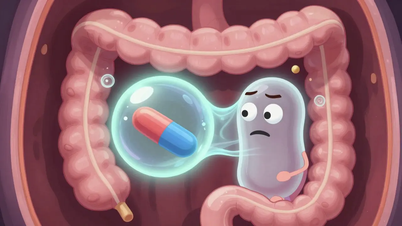 Stylized gut showing fiber gel trapping a pill inside