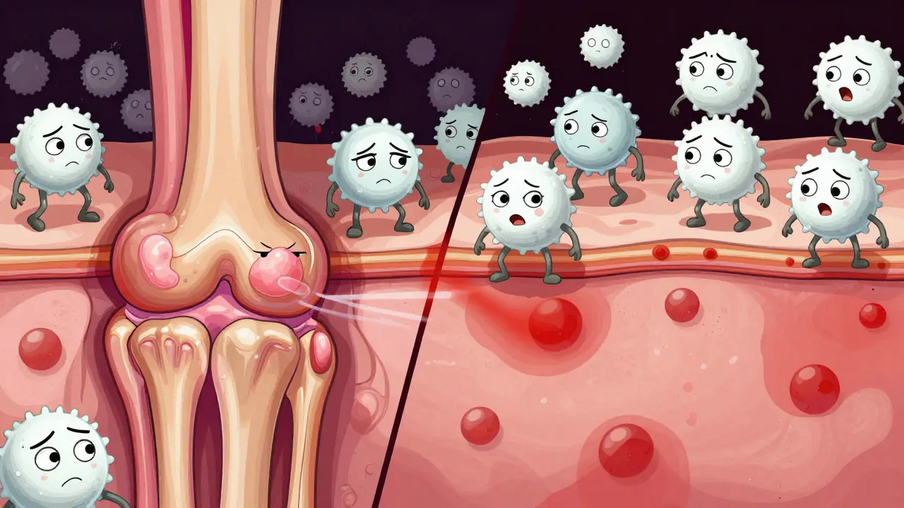 Stylized immune cells attacking joint linings and skin layers in a split view