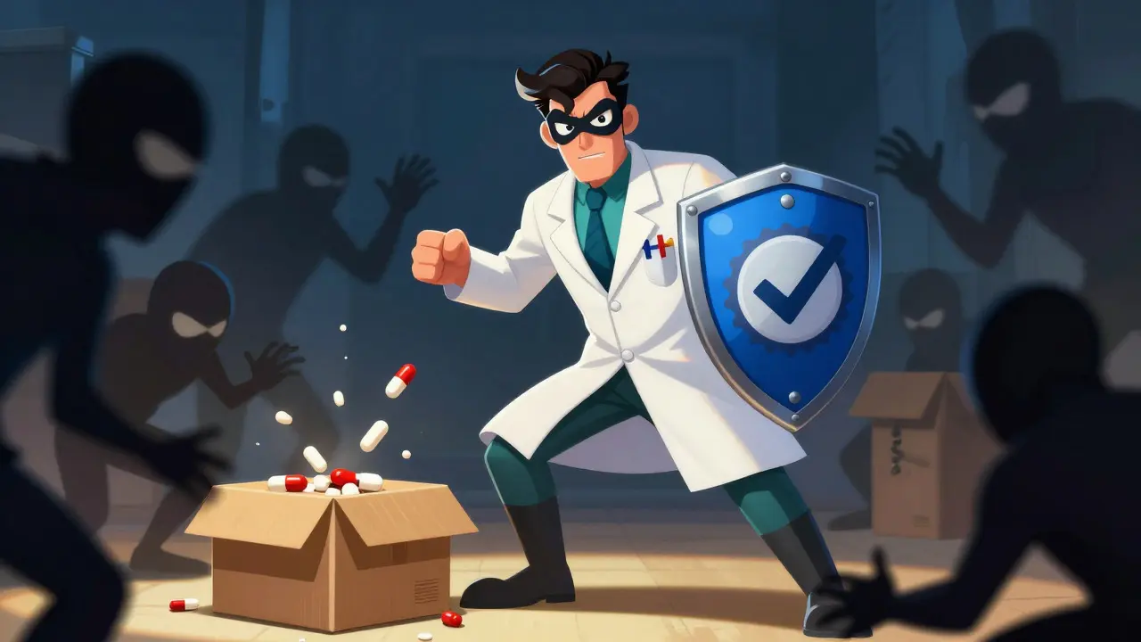 Superhero pharmacist protecting against fake online drug scams