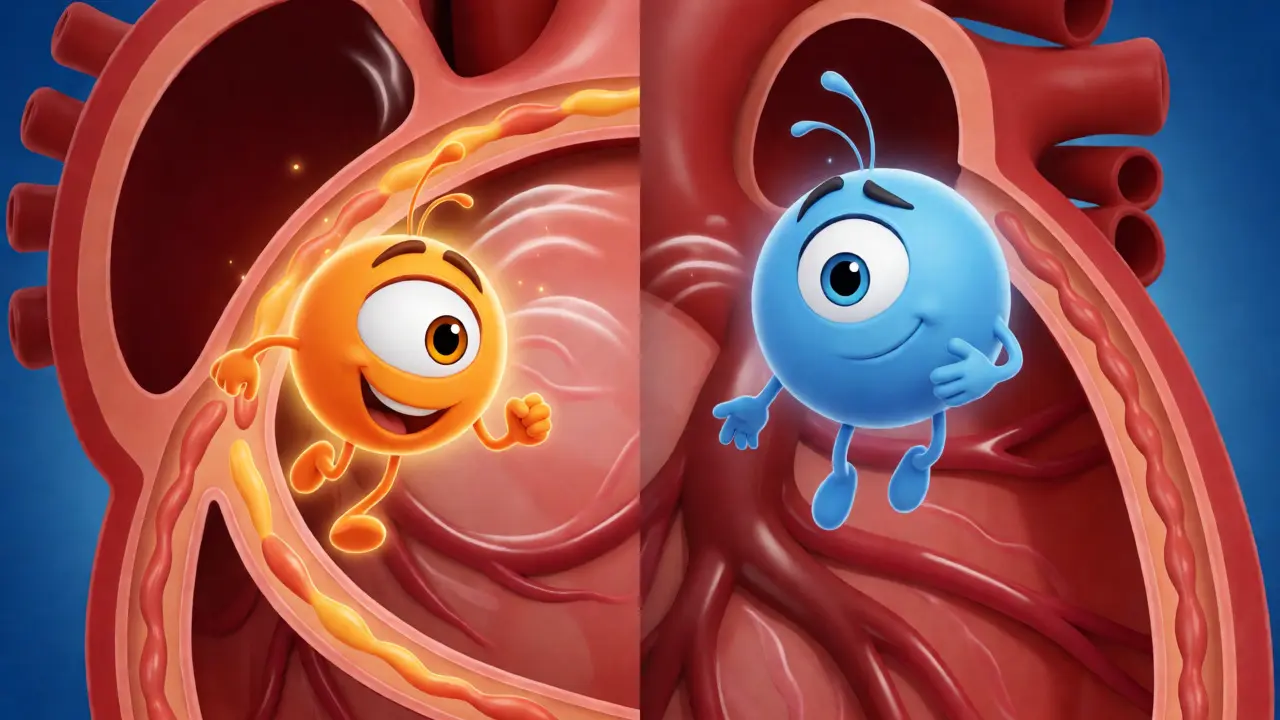 Cartoon depiction of neurotransmitters affecting heart vessels