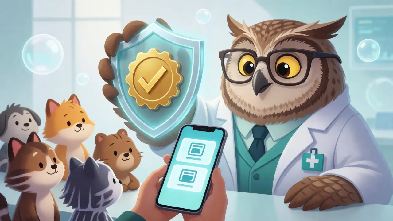 Owl pharmacist holding verified seal as characters compare prices on phone.