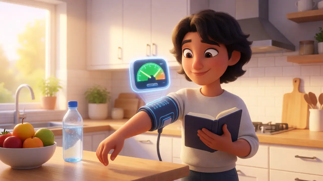 Person checking blood pressure at home with a monitor