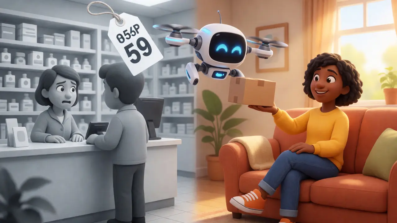 Split scene showing stress at pharmacy vs comfort of online delivery.